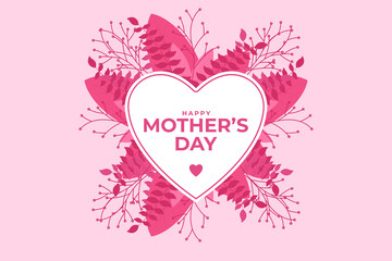 Beautiful Happy Mother's day concept with Abstract Background, pink color combination,leaves, and hearts. Cute love sale banner or greeting card. Vector Illustration