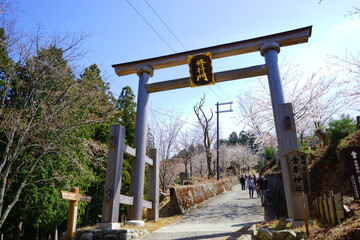 Fototapeta na wymiar Entrance gate (Torii) called Shugyo-mon Gate on mount Yoshino in Nara Prefecture, Japan - 修行門 の鳥居 吉野山 奈良 日本