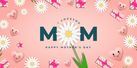 Beautiful Happy Mother's day concept with Abstract Background, hearts, gift,  leaves and flower. Cute love sale banner or greeting card. Vector Illustration