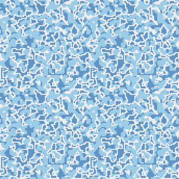 Abstract digital camouflage. Pixel blue background. Fashionable print textile. Seamless texture, vector wallpaper