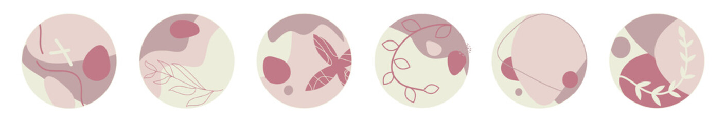 Abstract vector set of 6 round icons emblem in minimal style design templates for social media highlight stories and bloggers - simple trendy tender pastel pink colors scribble shapes design. 