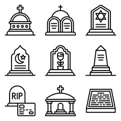 Funeral related vector icon set 3, line style