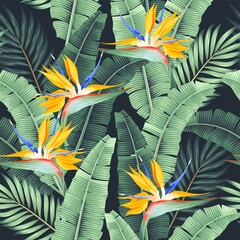 Vector seamless pattern with palm leaf and flower