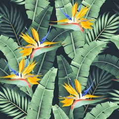 Afwasbaar Fotobehang Tropische print Vector naadloos patroon met palmblad en bloem