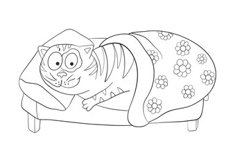 Cat sleeps in bed under the covers. Home comfort. Vector illustration