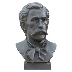 Gray bust of a mustachioed man on an isolated background. 3d rendering. Khudekov Sergey Nikolaevich.