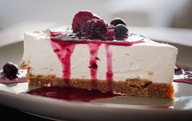 Slice of plain homemade cheesecake with forest fruits sauce on beige plate decorated with mint leaf. Closeup view