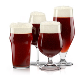 Set of fresh stout beer glasses with bubble froth isolated on white background.