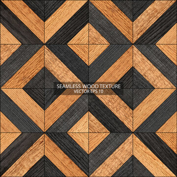 Seamless rustic parquet floor texture with square pattern, EPS 10 vector. Black and brown wooden background.