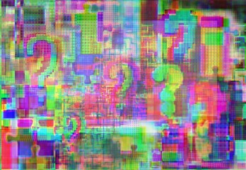 Point of interrogation, intricacies and puzzle in glitch art, background for webinar, ad, teenage games, basic project etc