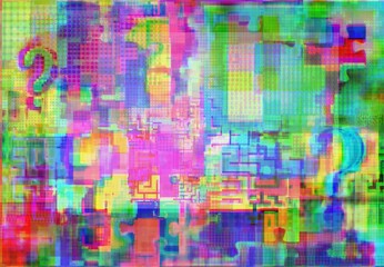 Mark of interrogations, puzzle and labyrinths in glitch spots, background for hacking, OS, teenage games, basic project etc