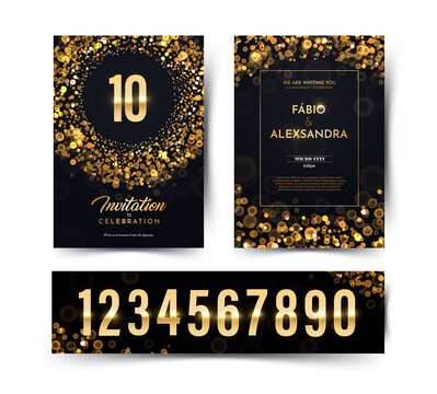 Birthday vector black paper luxury invitation double card with golden numbers collection. Wedding anniversary celebration brochure. Template of invitational for print dark background with bokeh lights