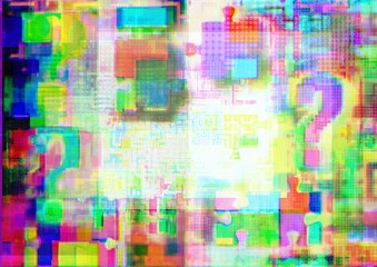 Question marks, labyrinths and jigsaw puzzles in glitch style, background for HR test, CRM, understanding, company style etc