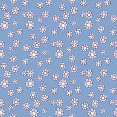 Seamless pattern beautiful blue background with flowers. Blooming meadow. Vector illustration