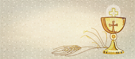 The first Holy Communion, mosaic. Christian background.