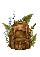 Watercolor Brown Vintage Backpack with wildflowers, Hiking Backpack, Travel, Adventure. High quality photo. 