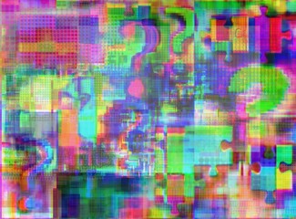 Question marks, intricacies and jigsaw puzzle in glitch space, background for package, game, teenage games, basic project etc