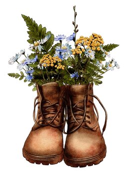 Watercolor Brown Vintage boots with wildflowers, Hiking boots, Travel, Adventure. High quality photo. 