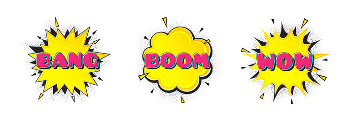 Comic speech bubbles with Bang, Boom and Wow tags. Pop art surprise expression banners. Message speech bubble with Bang, Wow tags. Boom talk cloud banner. Retro comic explosion message. Vector
