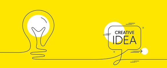 Continuous line idea icon. One light bulb silhouette. Speech bubble with lightbulb icon on yellow background. Idea doodle sketch with line. Handdrawn electric light bulb. Lamp silhouette. Vector