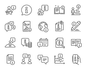 Info center line icons. Reception information, Journey path, Guide book. Call center, Faq chat bubbles, Info help desk icons. Question mark, Search information and Customer help service. Vector