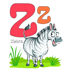 Vector illustration. Alphabet with animals. Large capital letter Z with a picture of a bright, cute zebra.