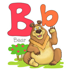 Vector illustration. Alphabet with animals. Large capital letter B with a picture of a bright cute bear