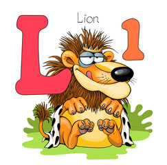 Vector illustration. Alphabet with animals. Large capital letter L with a picture of a bright cute lion.