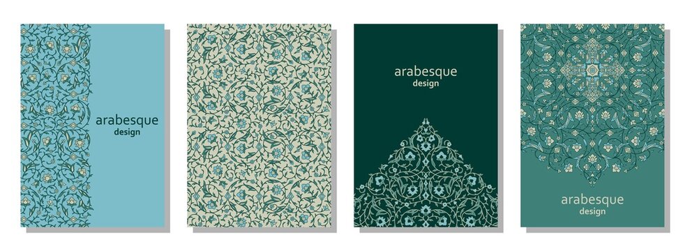 Set of vertical arabesque floral banners. Branches with flowers, leaves and petals