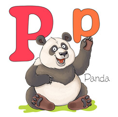 Vector illustration. Alphabet with animals. Large capital letter P with a picture of a bright cute panda.