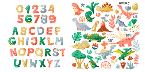 Cartoon cute Dinosaur alphabet. Dino font with letters and numbers. Children Vector illustration for t-shirts, cards, posters, birthday party events, paper design, kids and nursery design © Tatiana Sidenko