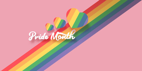 Happy pride month horizontal banner with heart and pride color flag isolated on pink background. Pride month or pride day poster, flyer, invitation party card deign template.