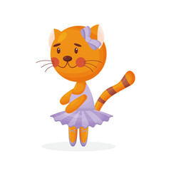 Happy cute cat kitten character ballet dancer in pointed shoes and tutu skirt illustration isolated on white background