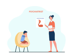 Little boy treating phobia on psychotherapy session. Psychotherapist, cobra, herpetophobia flat vector illustration. Mental health and psychology concept for banner, website design or landing web page