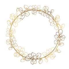 Gold frame. Vector round frame with golden branches in vintage style. White background. Place for an inscription. 3d effect