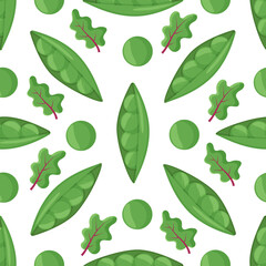 Vector pattern with fresh sweet organic green pea with leaves and herb. Backdrop with tasty vegetable ingredient.
