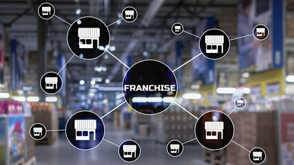 Franchise lettering on blurred warehouse background. Marketing system