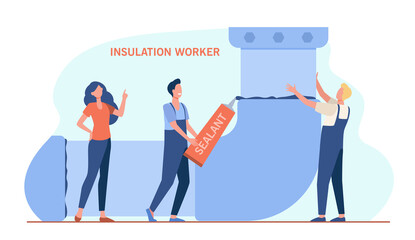 Tiny repairmen doing insulation of tube. Sealant, worker, plumber flat vector illustration. Repair service and maintenance concept for banner, website design or landing web page