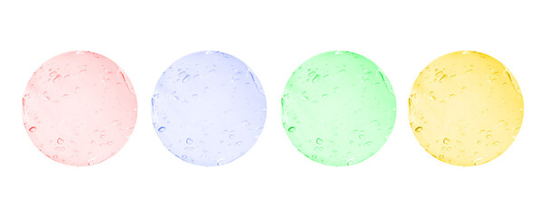 A set of swatches of liquid translucent cosmetic gel with bubbles of different colors. Texture in circles isolated on a white background