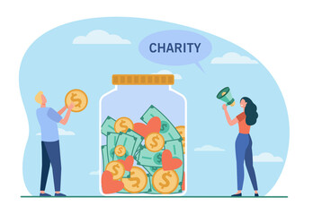 Two tiny people donating money in giant jar. Coin, glass, volunteer flat vector illustration. Charity and donation concept for banner, website design or landing web page