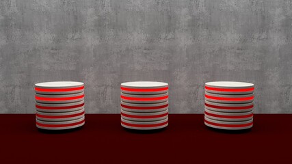 Fototapeta na wymiar Marble product stand futuristic or podium pedestal on empty display growing flashing light red with loft wall backdrops. 3D rendering. 