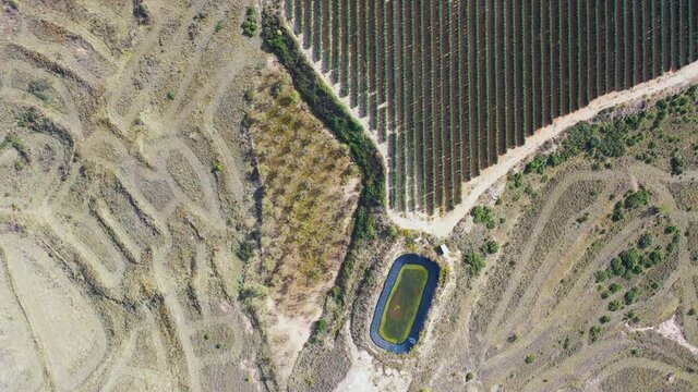 View from a drone of the agricultural landscape in Villar de Arnedo in the autonomous community of La Rioja, Spain, Europe
