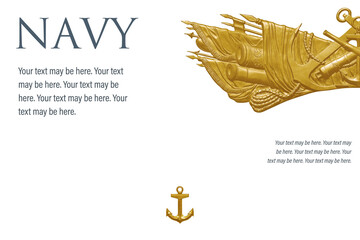 Mockup of poster: Golden decorative architectural element with navy symbols isolated on white...