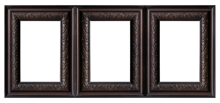 Triple black wooden frame (triptych) for paintings, mirrors or photos isolated on white background. Design element with clipping path