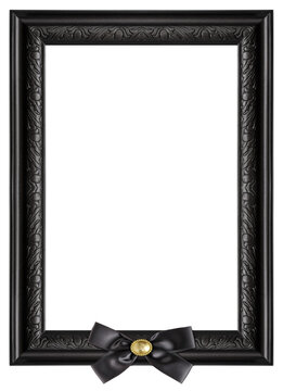 Black wooden frame with black mourning bow for paintings, mirrors or photo isolated on white background. Design element with