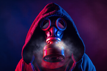 blue and red illuminated person with a gas mask