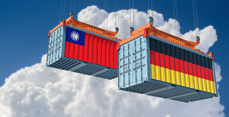 Freight containers with German and Taiwan national flags. 3D Rendering 