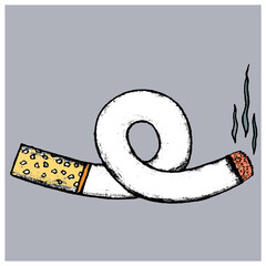 Cigarette on a knot as a concept of quitting smoking. Gray background. Doodle style. Hand Drown.