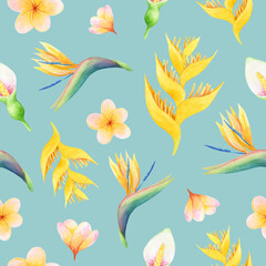 Seamless pattern of hand-drawn watercolor leaves and yellow flowers.