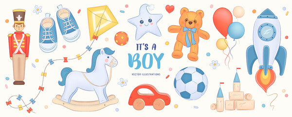 Hand drawn baby boy shower set. Vector illustration of cartoon toys, helium balloons and flowers isolated on white background
